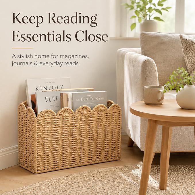 Paper Rope Magazine Holder for Floor with Scalloped Edge, Tall Narrow Wicker Magazine Basket – Book Basket, File Holder & Mail Basket for Living Room, Office & Bedroom