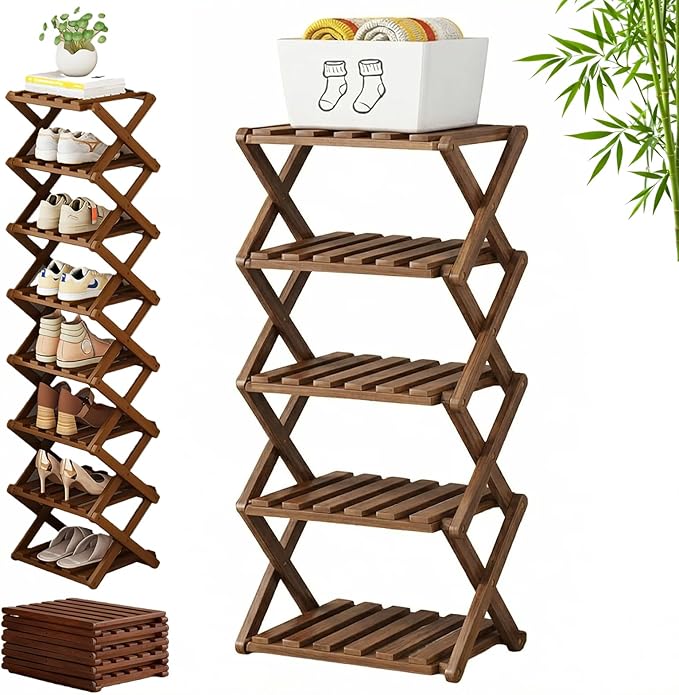 The 9-Tier No-Assembly Bamboo Rack, 3-9 Tiers Bamboo Shoe Rack, Foldable Bamboo Vertical Shoe Organizer, Multifunctional & Space-Saving, For Entryway, Closet, Corner, Bedroom, Hallway (Walnut, 5Tiers)
