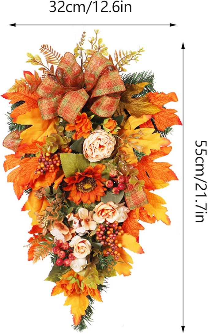 21.7Inch Artificial Fall Harvest Teardrop Swag for Front Door Thanksgiving Teardrop Wreath with Maple Leaves Berry Autumn Floral Swag for Home Wall(with Light)