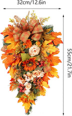 21.7Inch Artificial Fall Harvest Teardrop Swag for Front Door Thanksgiving Teardrop Wreath with Maple Leaves Berry Autumn Floral Swag for Home Wall(with Light)