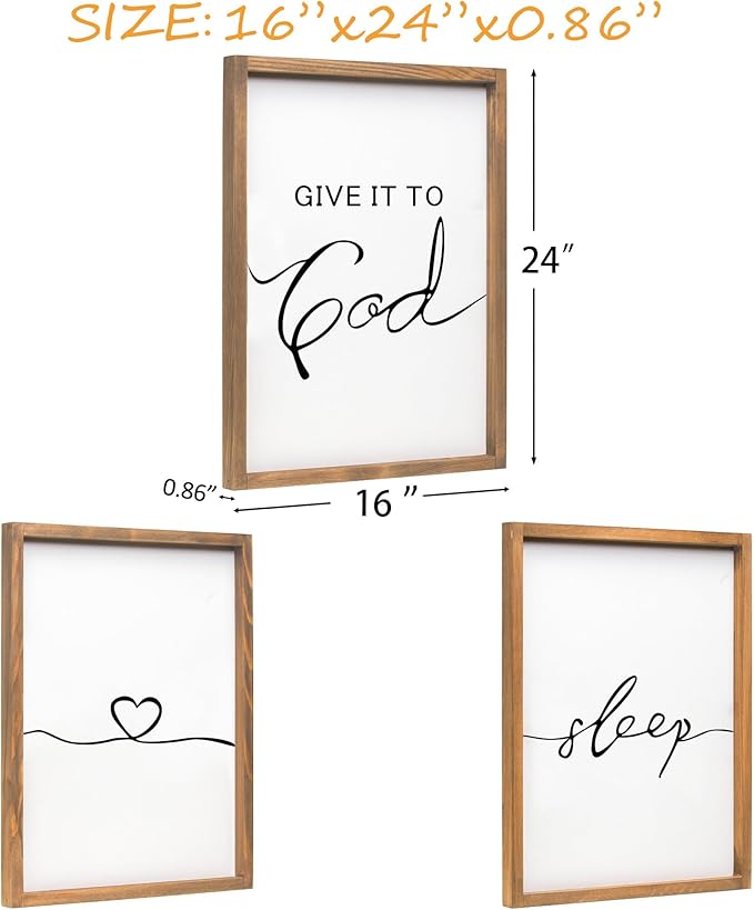 Set of 3 Framed Farmhouse Give it to God and Go to Sleep Signs Above Bed Wall Decors for Bedroom Wood Signs (Brown, 16"x24")