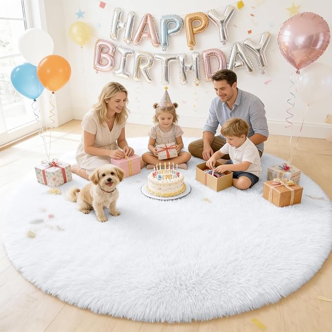 OLANLY White Round Rugs for Bedroom - Machine Washable, 8 ft Circle Area Rugs for Living Room, Soft and Fluffy Shaggy Carpet for Teen Girls and Boys, Nursery Rooms, Dorms, Home Decor Aesthetic