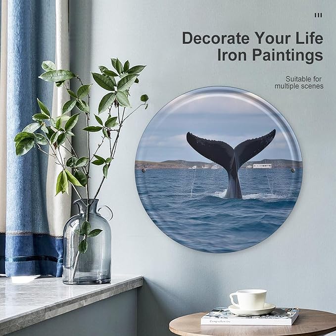 Wall Picture, with Whale Tail Printed Circular Iron Hanging Picture,Wall Art Decor,Home for Bedroom Living Room Bathroom Decor,Iron Painting 11.8X11.8 in
