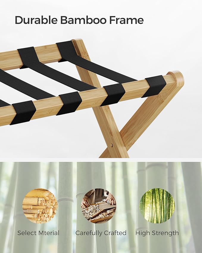 SONGMICS Luggage Rack, Bamboo Luggage Rack for Guest Room, Folding Suitcase Stand, for Hotel, Bedroom, Heavy-Duty, Holds up to 131 lb, Natural Beige URLR007N01