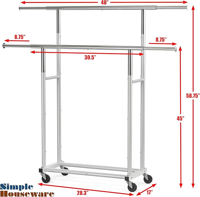 Simple Houseware Standard Double Rod Garment Rack, Silver