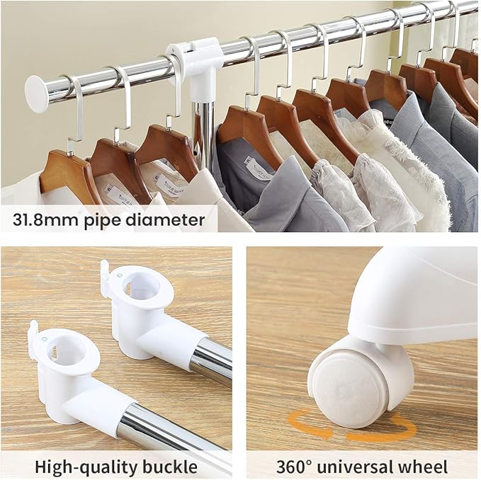 LiaMeE Adjustable Clothing Rack for Hanging Clothes, Heavy Duty Garment Rack with Wheels，Free Standing Rolling Clothes Rack with Shelf & Grid, Easy Assembly Standard Rod, White & Chrome