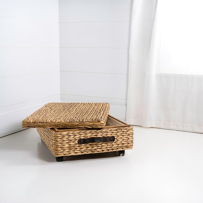 happimess BSK1006A 26.38" Chett Minimalist Hand-Woven Hyacinth/Wood Underbed Storage Bin with Wheels and Handles for Storage and Decoration in Bathroom, Bedroom, Closet, Entryway, Guest Room, Natural