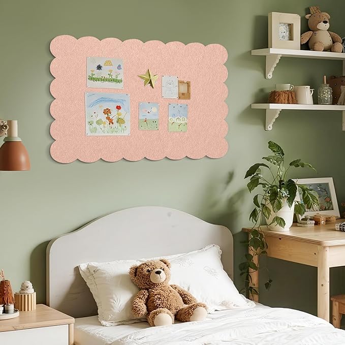Lightomorrow Scalloped Bulletin Board, 36 x 24 Inches Felt Pin Board - Decorative Cork Alternative for Wall, Foldable Picture Self-Adhesive Vision Prayer Board with 20 Pushpins - Mauvey Pink