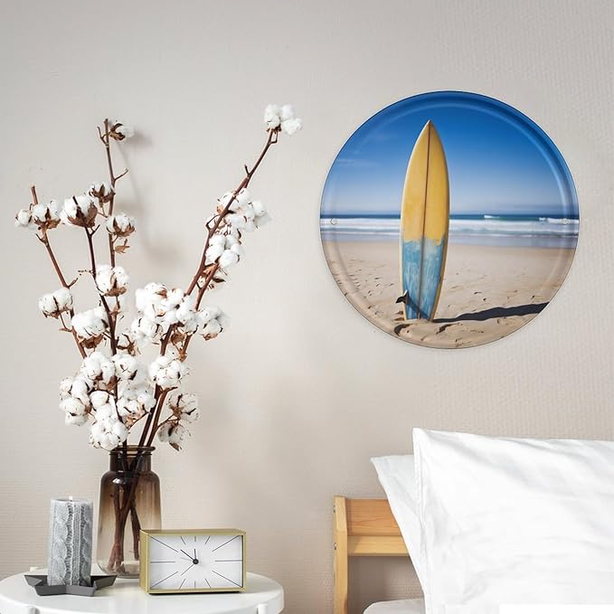 Wall Picture, with Beach Surfboard Printed Circular Iron Hanging Picture,Wall Art Decor,Home for Bedroom Living Room Bathroom Decor,Iron Painting 11.8X11.8 in