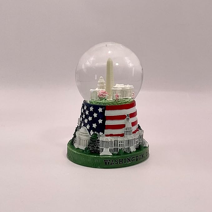 2.75" Washington DC 3-Landmark Snow Globe, Hand Painted Resin, with Glitter, White House, US Capitol, Washington Monument (Mini Flag Base Panorama Globe)