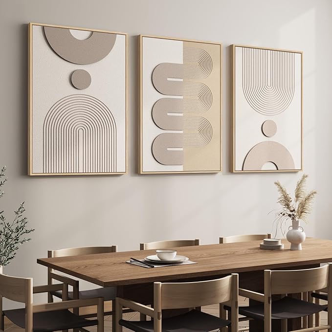 Large 3D Textured Framed Boho Neutral Abstract Wall Art for Living Room, 3 Piece Modern Paintings Artwork for Walls, Minimalist Beige White Geometric Pictures for Bedroom Hallway Office Wall Decor 24x36 In