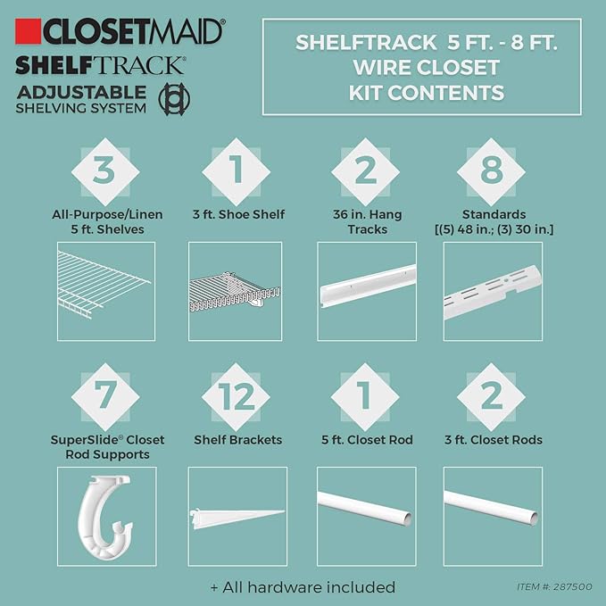 ClosetMaid ShelfTrack Wire Closet Organizer System, Adjustable from 5 to 8 Ft., with Shelves, Clothes Rods, Shoe Shelf, Hardware, Durable Steel, White