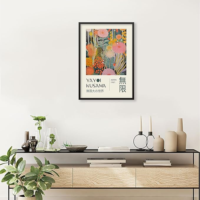 Abstract Yayoi Kusama Posters Japanese Wall Art Vintage Tokyo Aesthetic Prints Yayoi Kusama Inspired Japanese Gallery Wall Art for Stylish Room Bedroom Living Room Decor 24x36in Black Framed