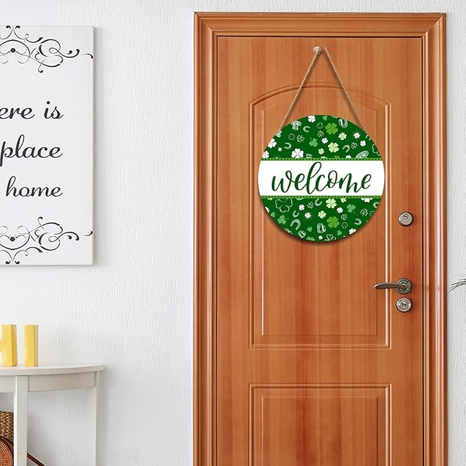 St Patricks Day Welcome Door Decoration for Home Welcome Shamrock Wreath Sign for Front Door St Patricks Day Outdoor Decorations Hanging Wooden Sign for Home Proch Spring Farmhouse 12x12 Inch