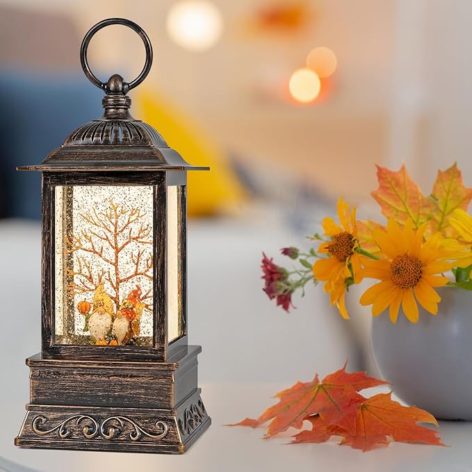 Fall Snow Globe Decorations, Glitter Gnome Lantern with 6H Timer, USB/Battery Powered Lighted Décor for Home, Tabletop, Gift Box