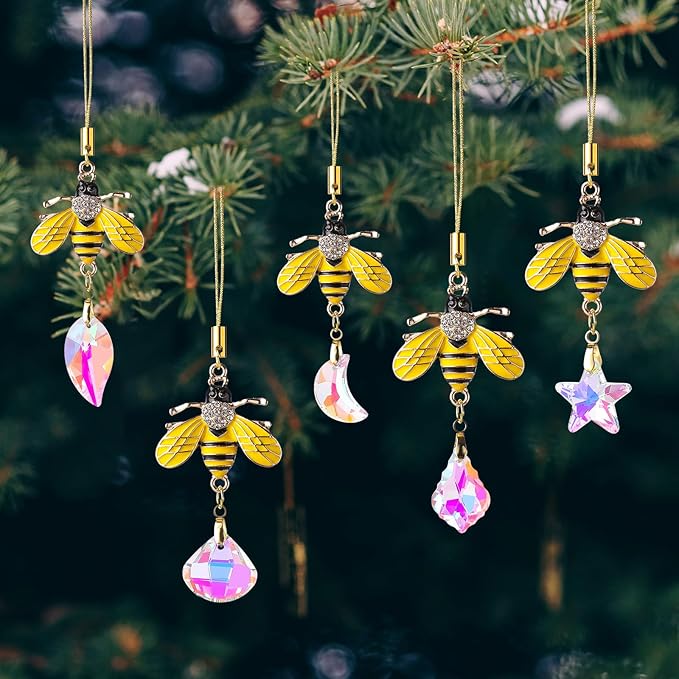 5PCS Hanging Decorations Xmas Tree Hanging Metal Bee Ornaments Gold Bee Mini Crystal Prism Suncatchers for Party Wedding Home Decor
