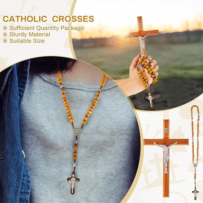 Leinuosen 4 Set Handmade Crucifix Wall Cross and Wooden Rosary Beads Jesus Cross Hanging Wood Rosary for Home Wall Pectoral Pendant Necklace Gifts Decor 7.87 Inch