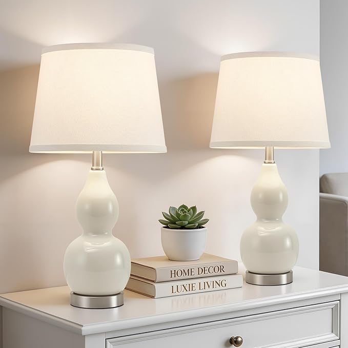 GyroVu 22" Table Lamp Set of 2, Color Temperature Adjustable Double Gourd Ceramic Lamps Classic Nightstand Table Lamps for Bedroom Beside Lamps for Living Room, Cream-Bulbs Included