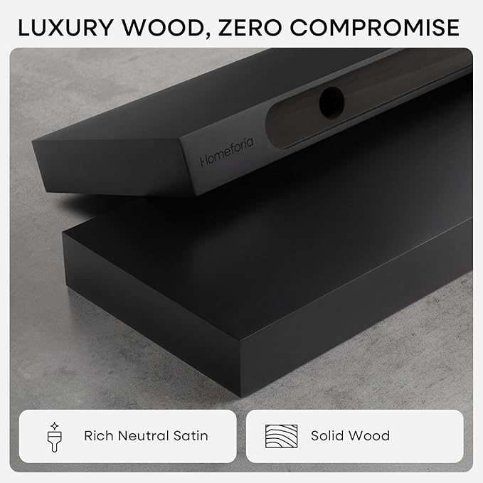 Homeforia Floating Shelf Black 12 inch, High End Solid Real Wood Small 12inch Floating Shelves for Wall Mounted, Black Wooden 12 in Floating Shelves, Heavy Duty Bracket, 12 X 6.5 X 1.75 inch, Set of 4