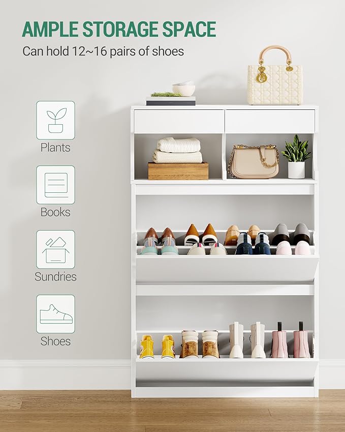 Shoe Cabinet with 2 Flip Drawers & 2 Top Drawers, Narrow Hidden Shoe Storage Cabinet for Entryway, Freestanding Shoes Organizer with Storage Space, 12-16 Pairs, for Hallway, White SR45303X