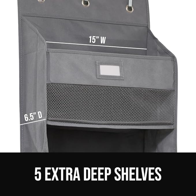 GORILLA GRIP Over The Door Organizer Storage, 5 Deep Hanging Shelves, Holds 50lbs, Closet Organizers Shelf for Bedroom, Shoes, Bathroom, Nursery, Dorm Essentials, 3 Metal Hooks, 58x15 Inches, Gray