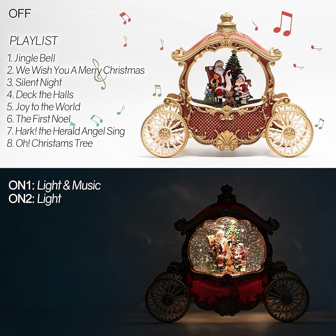 Christmas Red Carriage Snow Globe Lantern with Gift Box - Santa Scene Water Lantern with Glitter Snow - Musical Holiday Decor with LED Lights - Battery Or USB Cable Powered Operated (Red with gold)