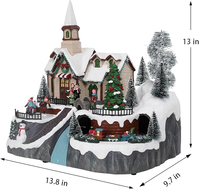 MUMTOP Christmas Village Snow Church with Rotating Train, Light Up Animated Moving Skaters and Christmas Tree with Music for Indoor Holiday Xmas Tabletop Decor