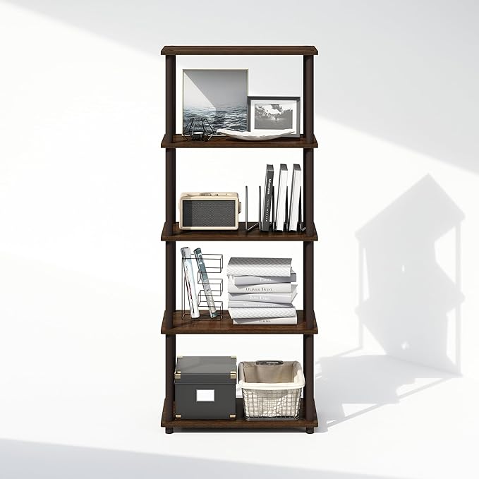 Furinno Turn-N-Tube Book Shelf, 5-Tier Bookshelf, Bookcase with Multipurpose Compact Display Rack, 11.6 x 23.6 x 57.4, for Living Room, Bedroom, Home Office, Walnut/Brown