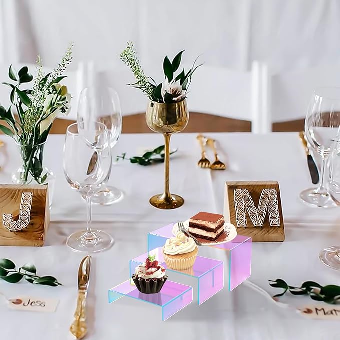 12 PCs Small Iridscent Risers Display Stands 3 Tiers Desktop Acrylic Shelves Small Cake Dessert Holder Products Stand for Collectibles Shoes Jewels Pop Figure (Iridescent2)