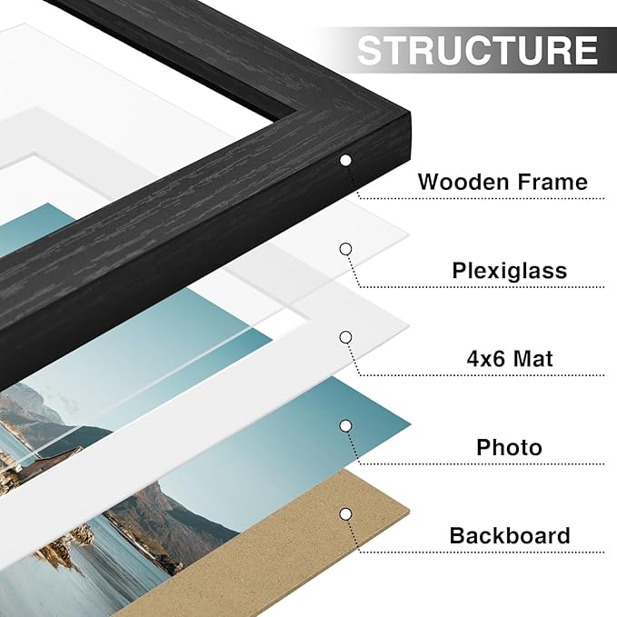 Vittanly 5x7 Picture Frames Set of 9, Display 4x6 Pictures with Mat or 5x7 without Mat, Photo Frames for Wall or Tabletop with Plexiglass, Engineered Wood, Black&Brown&Distressed White