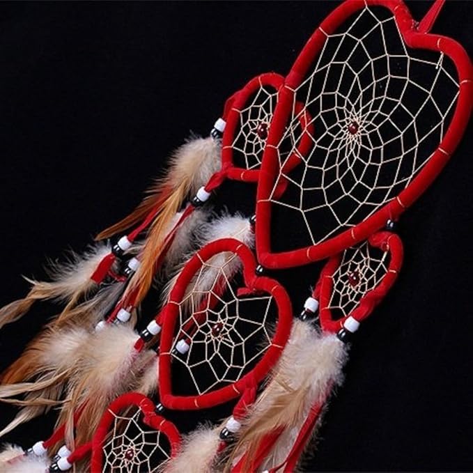Heart Shaped Dream Catcher with Feathers Car Wall Hanging Decoration (Red)
