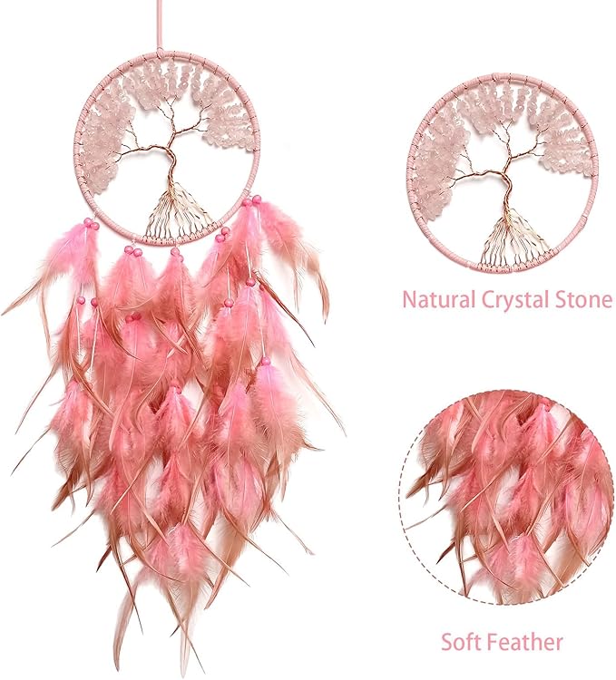 Pink Dream Catcher Wall Decor Crystal Tree of Life Dream Catchers Handmade Feather Dreamcatcher Wall Hanging Ornament for Bedroom Living Room Home Decor