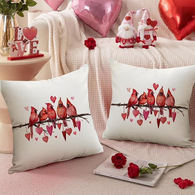 RABUSOFA Valentines Pillow Covers 18x18 inch Valentines Day Decoration Red Love Heart Cardinal Anniversary Wedding Throw Pillowcase for Couch Home Decor(15)
