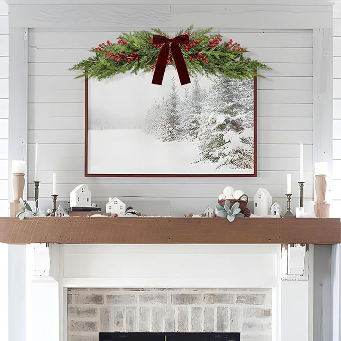 60cm Artificial Christmas Norfolk Pine Cedar Swags with Velvet Bow Greenery Decoration for Mantel Window Mirror Picture Frame Mailbox Holiday Indoor Outdoor Home Decor (Red Berry, 60cm/23.6'')