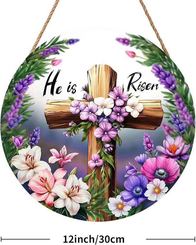 Harooni Easter Cross Sign, 12inch Bright/Vibrant Wooden Wall Mount Rustic Sign with 'He is Risen', Includes Twine, 12x12 inches