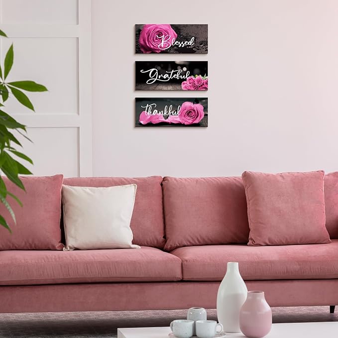 Hillban 3 Pieces Rose Wooden Wall Decor Rose Bathroom Decor Thankful Grateful Blessed Accessories Inspirational Wall Art Signs for Living Room Kitchen Wedding(10 x 4 Inch,Pink)