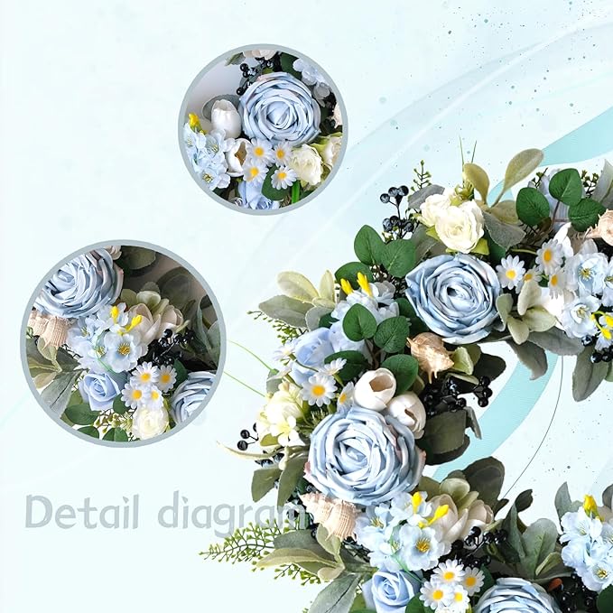 24 inch Spring Front Door Wreath Blue Rose Spring/Summer Flower Wreath Indoor Outdoor Decoration Wedding Birthday Party Decoration
