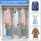 40" Clear Garment Bag - 3 Pack 10” Gusseted Suit Bags For Closet Storage Hanging Clothes Shirts, Coats, Dresses