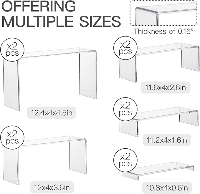 ANDGOO 10 Pack Large Acrylic Display Stands, 2 Set(10”L~11”L~12”L) Perfume Stand Organizer, Clear Cupcake Stand, Display Risers for Retail Stores Special Events Exhibitions Home Decoration
