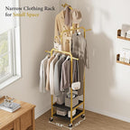 Chrislley Small Clothing Rack With Wheels, 71" Portable Rolling Garment Rack With 2 Shelves and 6 Hooks, 3-Section Different Heights Heavy Duty Metal Clothes Rack For Coats, Shirts, Bags, Shoes, Gold