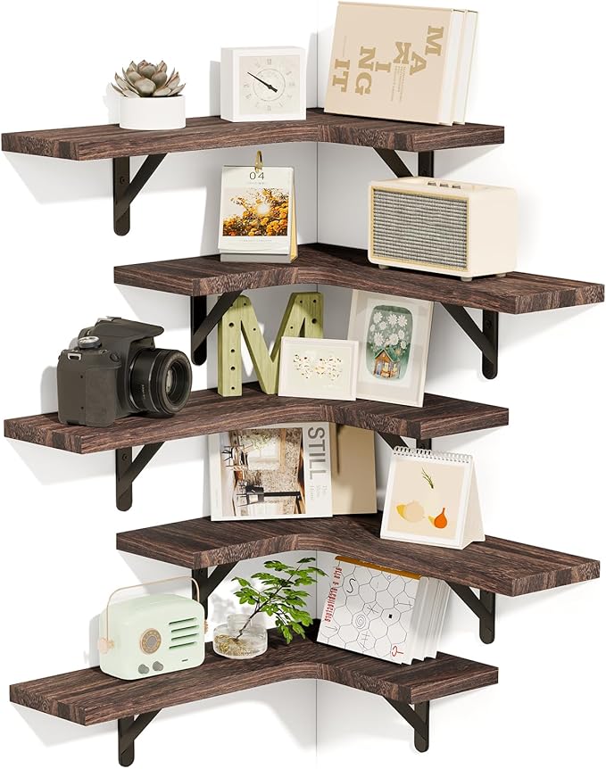 Fixwal Floating Shelves for Wall Set of 5, Rustic Wood Wall Mounted Corner Shelf for Bathroom, Kitchen, Bedroom, Home Decor, Laundry Room, Living Room (Walnut Brown)