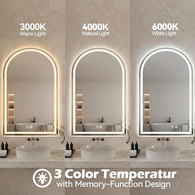 DUMOS 24"x36" LED Bathroom Mirror with Lights, Arched Vanity Mirror with Anti-Fog, Dimmable, 3-Color Light, Memory Function, Front Light and Backlit, Tempered Glass
