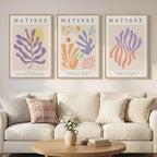 Framed Large Matisse Canvas Wall Art Set of 3, Vintage Colorful Abstract Floral Artwork Prints, Neutral Beige Matisse Botanical Wall Decor for Living Room, Bedroom, Hallway and Office, Total Size 30x60
