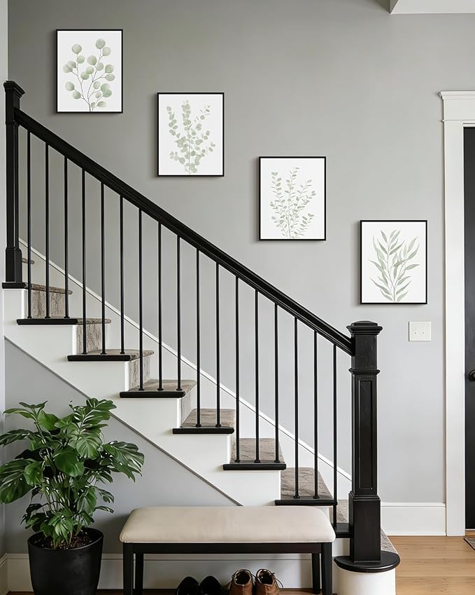 Drsoum Botanical Plant Framed Wall Art Boho Wall Decor for Bathroom Sage Green Eucalyptus Leaf Prints Minimalist Aesthetic Ready to Hang Set of 4, 11x14 in (Black Framed)