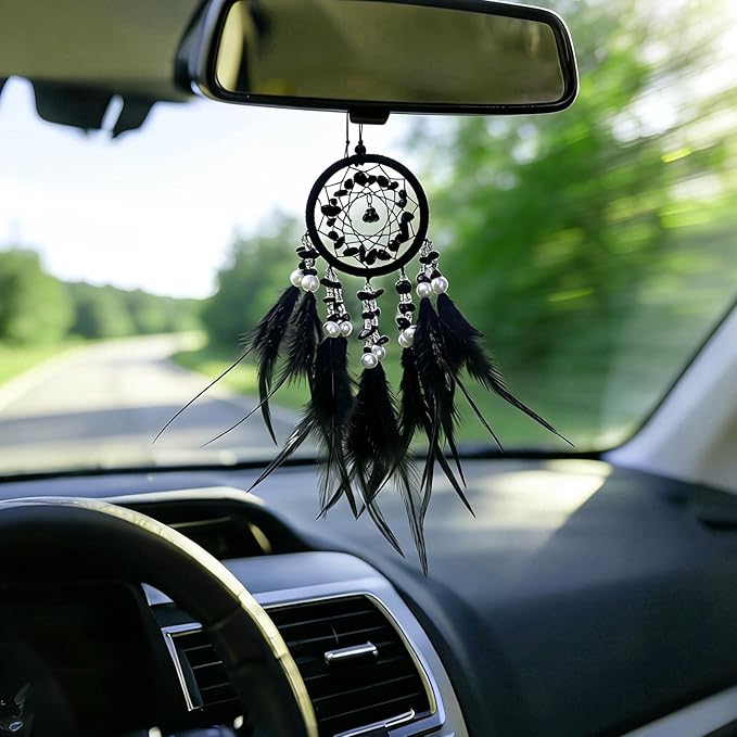 Mini Dream Catcher for Car Rear View Mirror Accessories,Handmade Small Dream Catchers Boho Car Charm Interior Decor（Black）