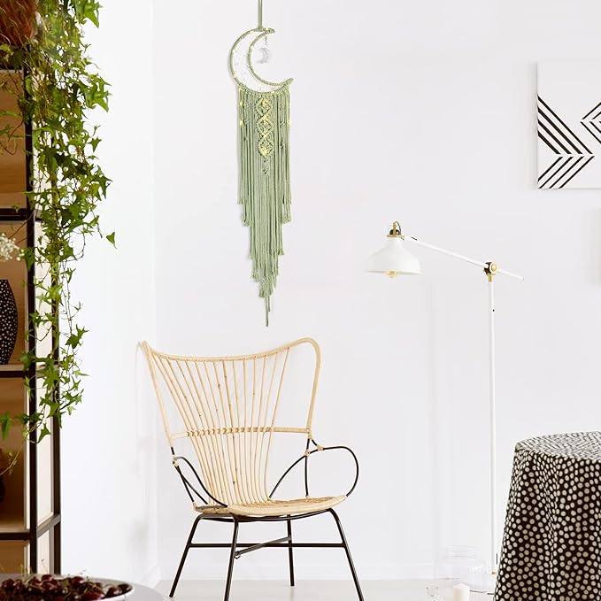 Macrame Moon Dream Catcher for Girl, Green Boho Crescent Dreamcatcher for Bedroom Adult, Handmade Nursery Room Wall Hanging with Star Pendant for Teen, Bohemian Home Decoration Idea