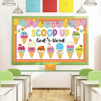 Summer Christian Bulletin Board Decorations Set Bible Verse Inspirational Jesus Classroom Decoration Summer Ice Cream Religious Paper Cutouts for Sunday School Church VBS Home Chalkboard Wall Decor
