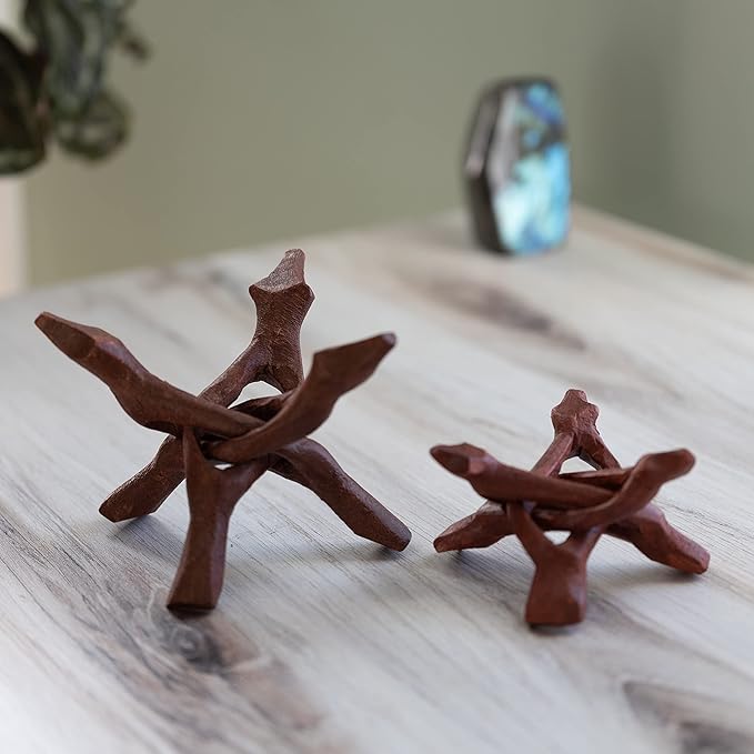 Wish Well 2 Piece Wooden Tripod Stand - 4" & 6" Hand-Carved Room Decor Holder ~ Ideal for Abalone Shell, Decorative Bowl, Crystal Ball, Sphere, Geode ~ Wood Display Stand & Perfect Crystal Holder