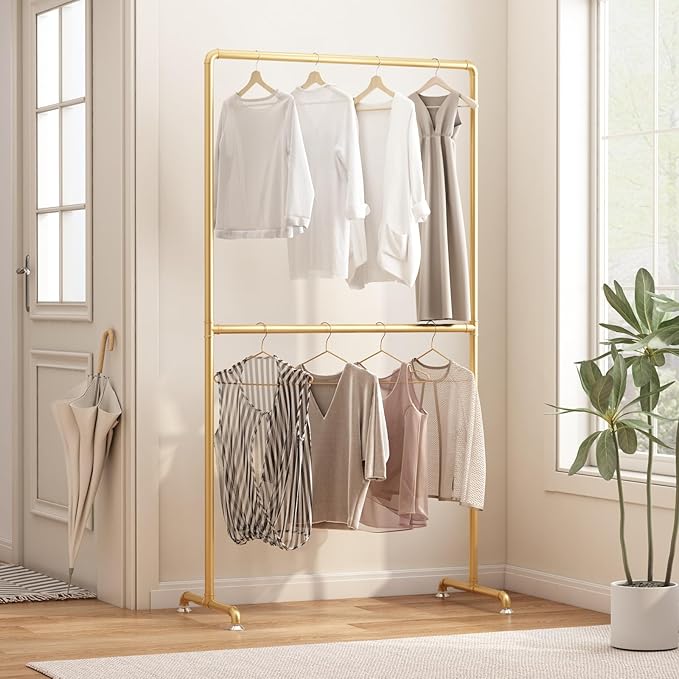 Industrial Pipe Clothing Rack, Heavy Duty Metal Clothes Rack with Double Rods, Freestanding Garment Rack for Bedroom Boutique Retail Use (Gold)