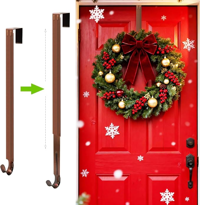 Wreath Hanger for Front Door, Adjustable from 15" to 25" Wreath Door Hanger for Christmas Fall Wreaths Decorations Hook, Brushed Bronze